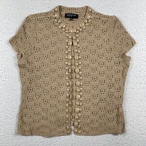 Jones New York Crochet Cardigan Womens Large Tan Beaded Short Sleeve Casual Work